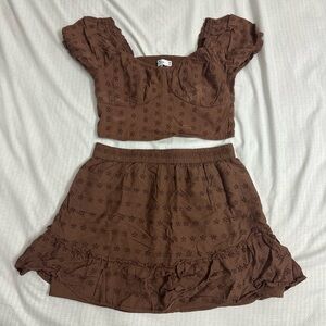 Brown Eyelet Ruffle Mini Skirt - Women's Two-Piece Set
